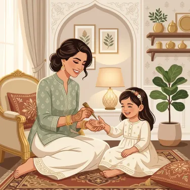 Mother applying safe flower mehndi design to her daughter