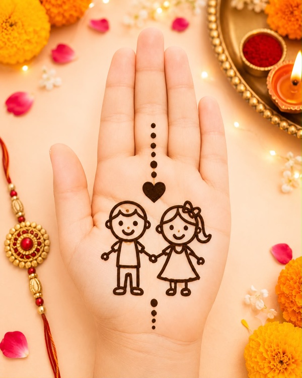 Brother sister rakhi mehndi design with cartoon siblings holding hands and a heart, Raksha Bandhan mehndi for girls