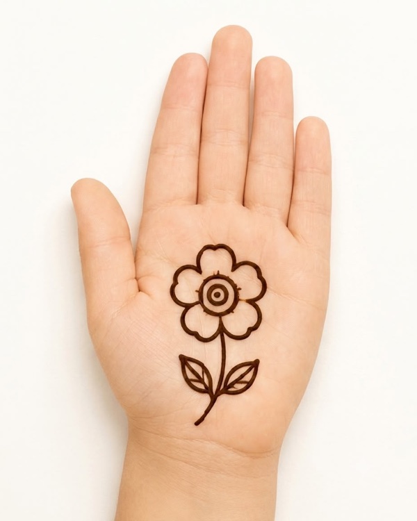 Classic flower mehndi design for kids palm with five-petal bloom and stem, simple floral henna for beginners