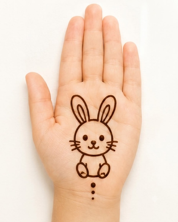 Cute bunny mehndi design for kids palm with long ears and whiskers, easy rabbit henna pattern for beginners