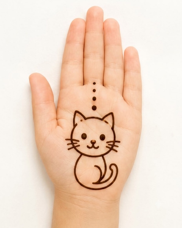 Cute cat mehndi design for kids palm with smiling face whiskers and curled tail, easy cartoon henna for beginners