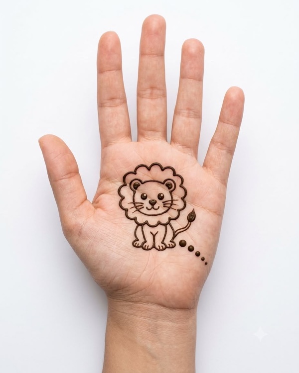 Cute lion mehndi design for kids palm with fluffy mane and sitting body, easy cartoon animal henna for beginners