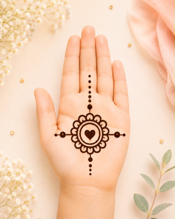 Cute rakhi mehndi design with a floral medallion and heart, simple Raksha Bandhan mehndi for girls