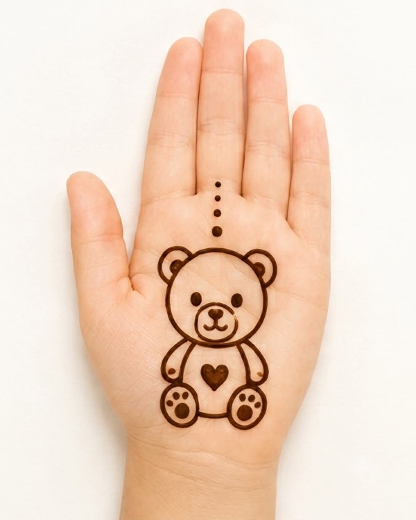 Cute teddy bear mehndi design for kids palm with heart tummy and paw prints, easy cartoon henna for beginners