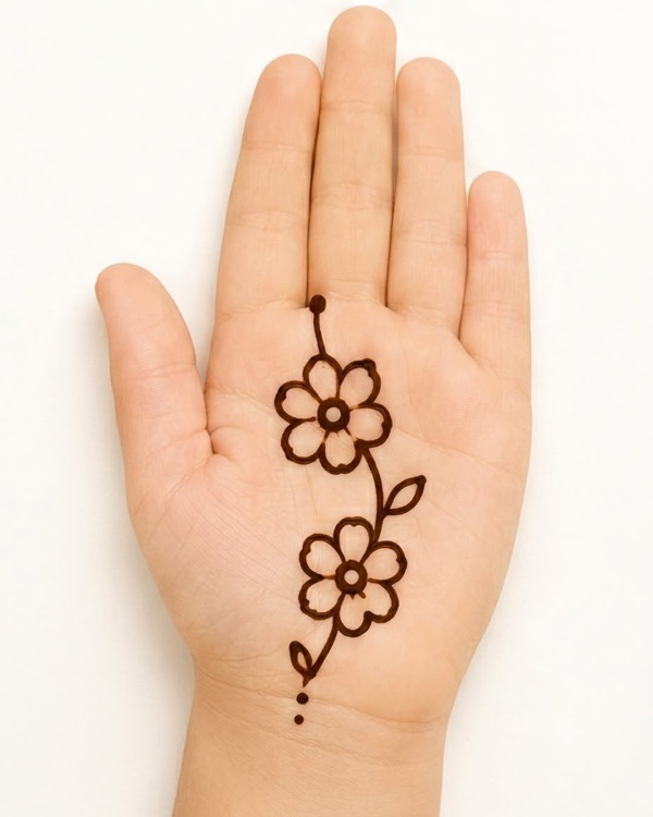 Double flower vine mehndi design for kids palm with two blooms connected by leafy vine, floral henna for beginners