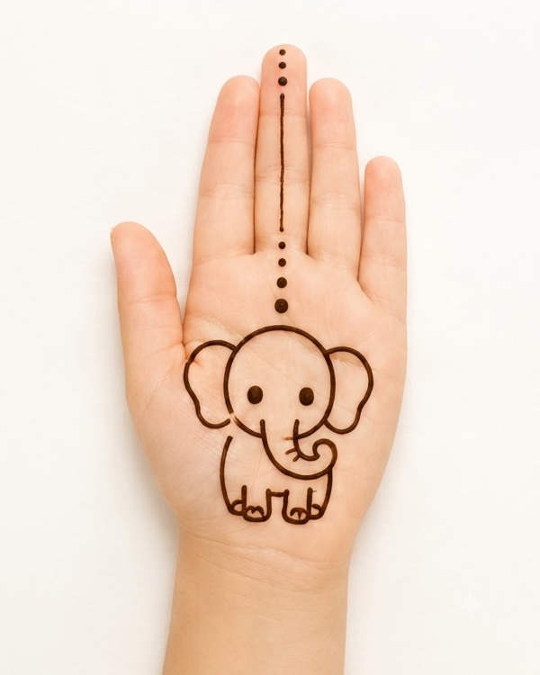 Easy elephant mehndi design for kids palm with cartoon elephant and dotted finger trail, simple animal henna for beginners