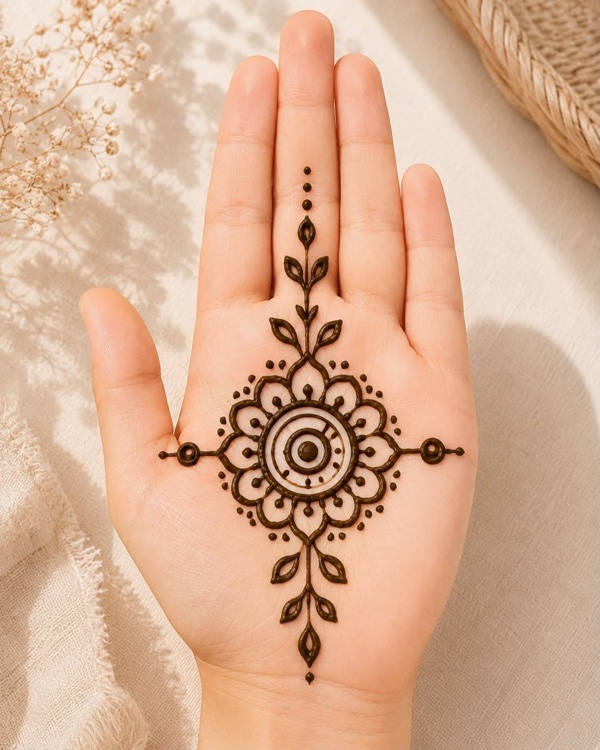 Rakhi par mehndi design with symmetrical floral mandala for kids