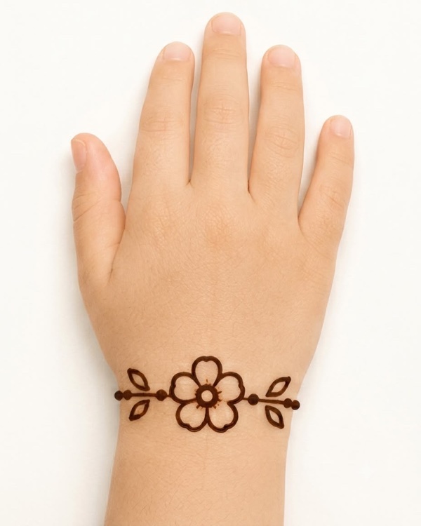 Flower bracelet mehndi design for kids wrist with floral wrap and trailing leaves, easy bracelet henna for beginners