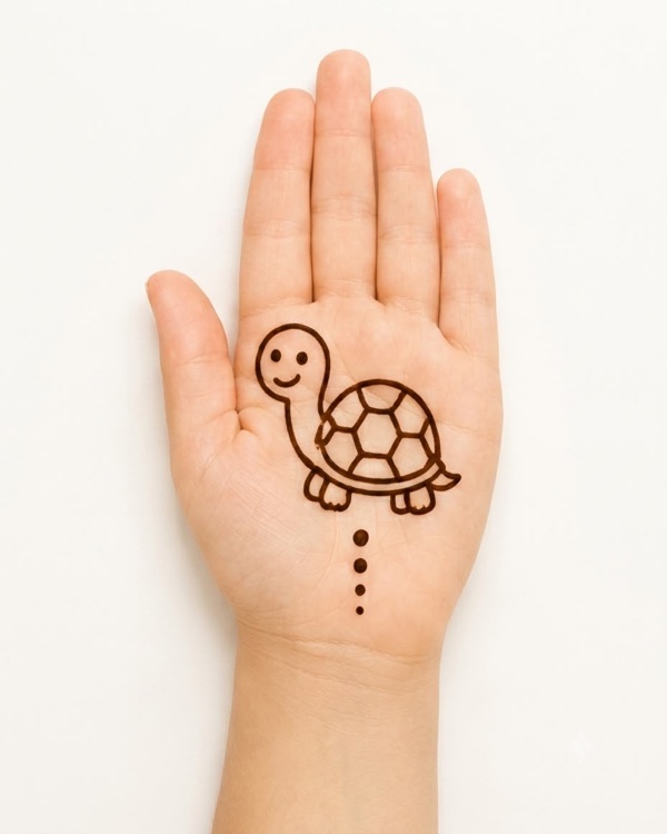 Happy turtle mehndi design for kids front hand with shell pattern and four legs, easy cartoon animal henna for beginners