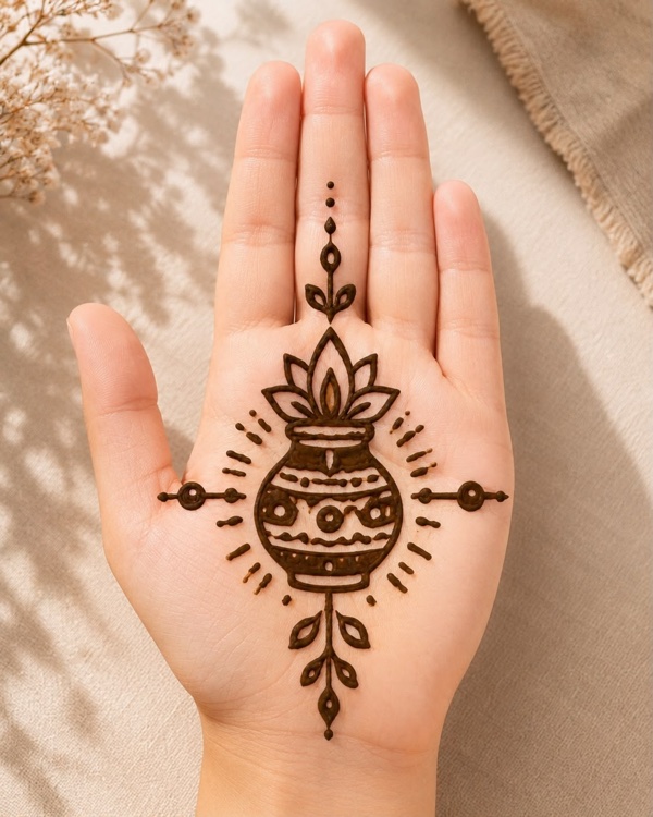 Rakshabandhan special mehndi design with traditional Kalash and mango leaves