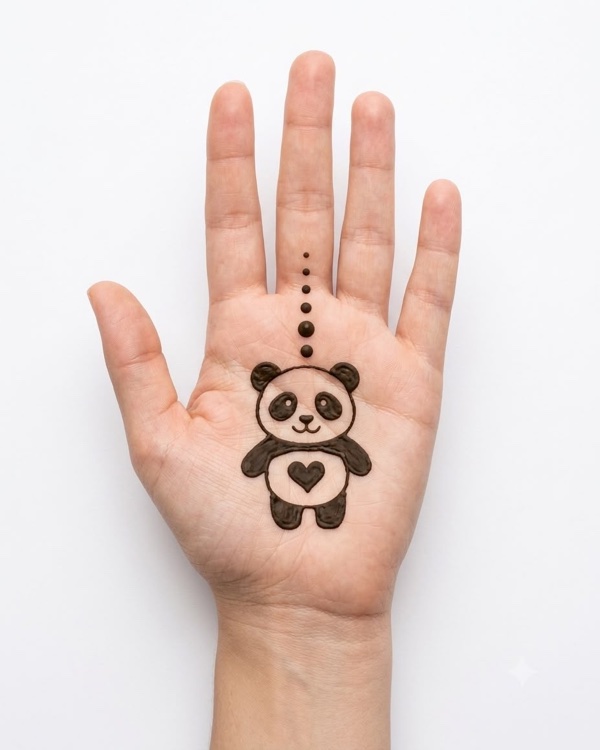 Little panda with heart mehndi design for kids front hand with cute panda holding heart, easy animal henna for girls