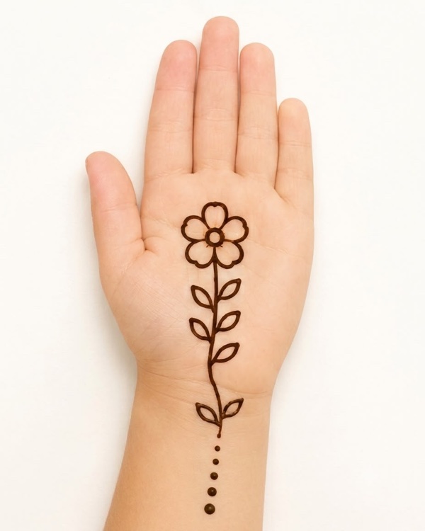 Long flower stem mehndi design for kids palm with vertical bloom and symmetrical leaves, minimal floral henna for beginners