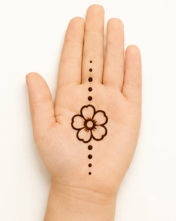 Minimal flower dot trail mehndi design for kids palm with small bloom and tapering dot chain, easy henna for beginners