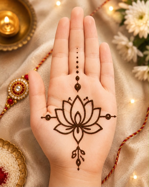 Rakhi easy mehndi design with a single minimal lotus motif for beginners