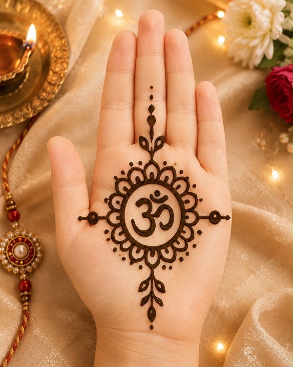 Rakshabandhan mehndi design with Om symbol inside a floral mandala