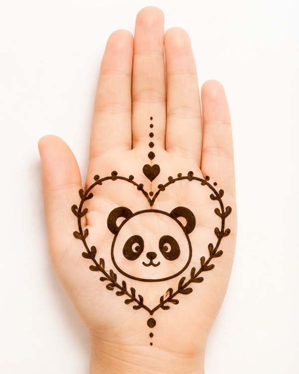 Panda heart frame mehndi design for kids palm with panda face inside heart border, cute cartoon henna for girls
