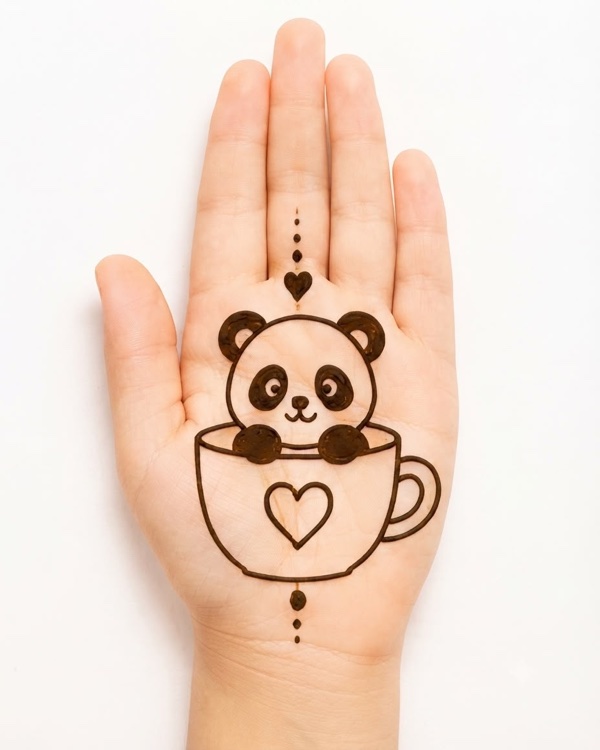 Panda in a cup mehndi design for kids palm with panda sitting inside teacup, creative cartoon henna for girls