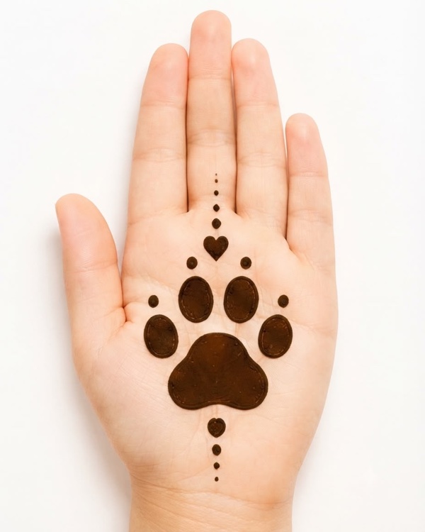 Panda paw mehndi design for kids palm with simple paw print and toe pads, minimal animal henna for beginners