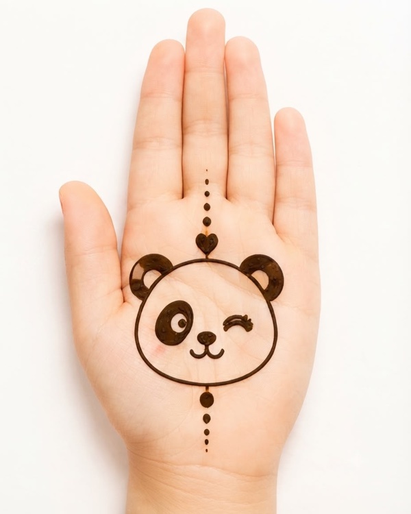 Panda wink mehndi design for kids palm with winking panda face and playful expression, cute cartoon henna for girls