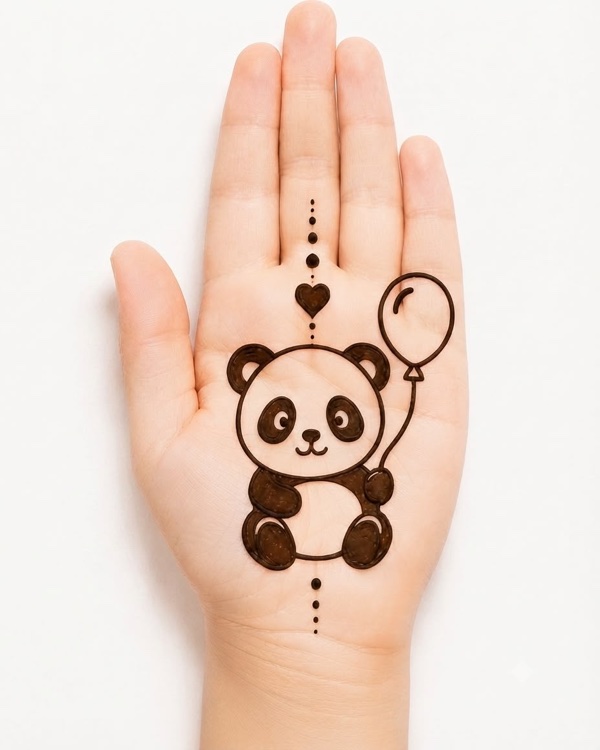 Panda with balloon mehndi design for kids palm with panda holding floating balloons, birthday cartoon henna for girls
