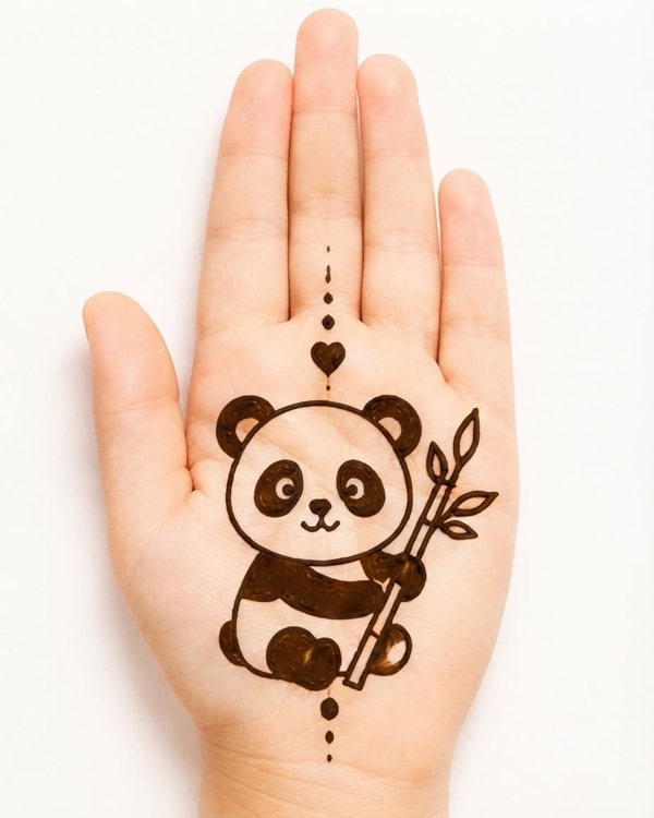 Panda with bamboo mehndi design for kids palm with panda eating bamboo stalks, nature cartoon henna for girls