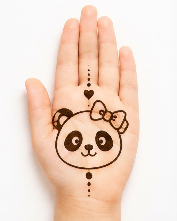 Cute panda with bow mehndi design for kids palm with panda wearing decorative bow, easy cartoon henna for girls