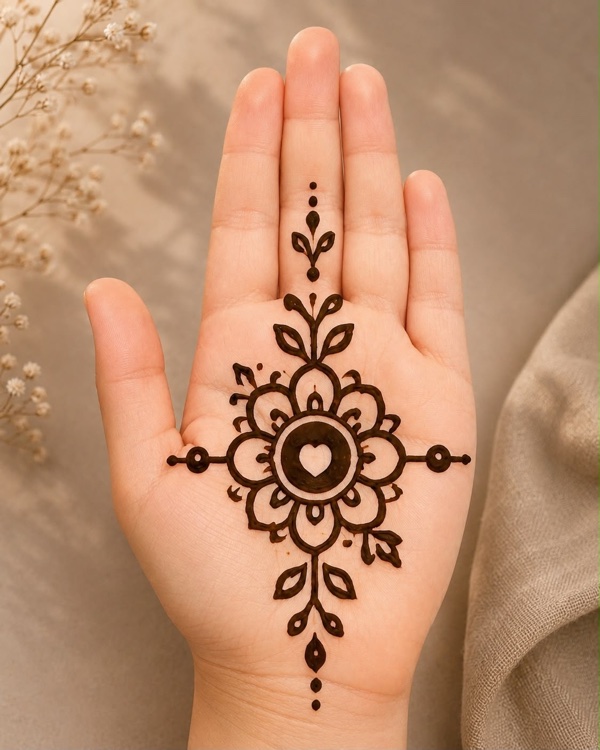 Rakhi ki mehndi design with floral mandala petals surrounding a heart center
