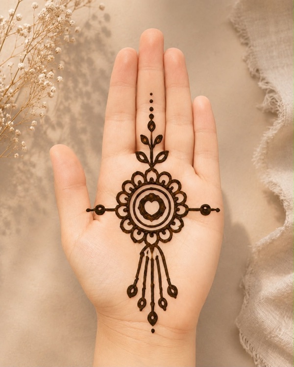 Rakhi special mehndi design simple with heart mandala and hanging tassels on front hand