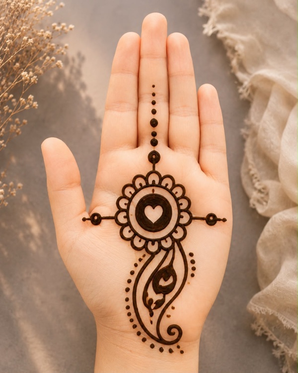 Rakhi special mehndi design with heart mandala and paisley trail for girls
