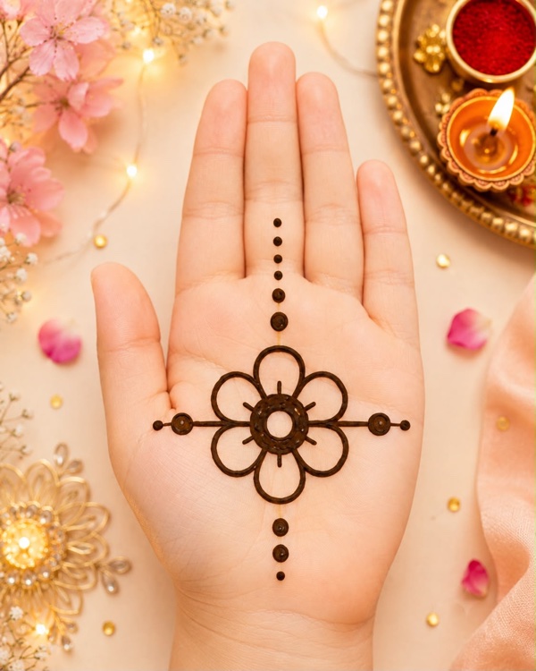 Floral rakhi par mehndi design with six petals, back hand rakhi mehndi design for kids
