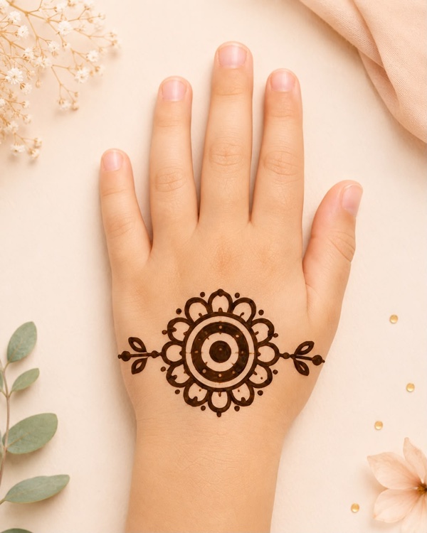 Rakshabandhan ke liye mehndi design shaped like a bracelet, back hand rakhi mehndi design for older kids