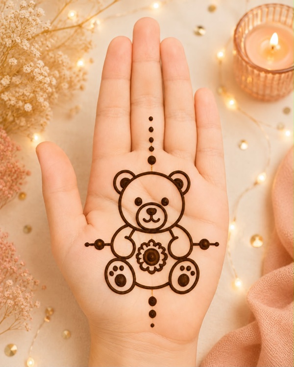 Rakshabandhan mehndi design easy showing a teddy bear wearing a rakhi, festival mehndi design for kids