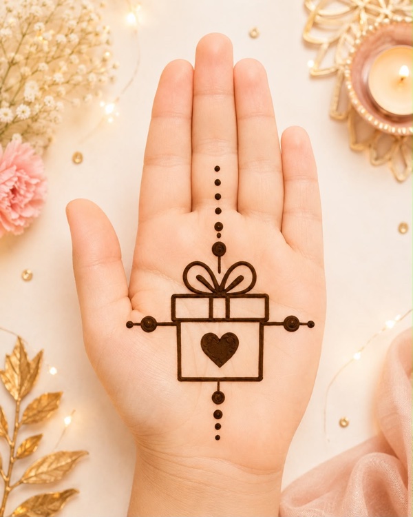 Rakshabandhan mehndi design simple showing a wrapped gift box with a heart, mehndi for girls