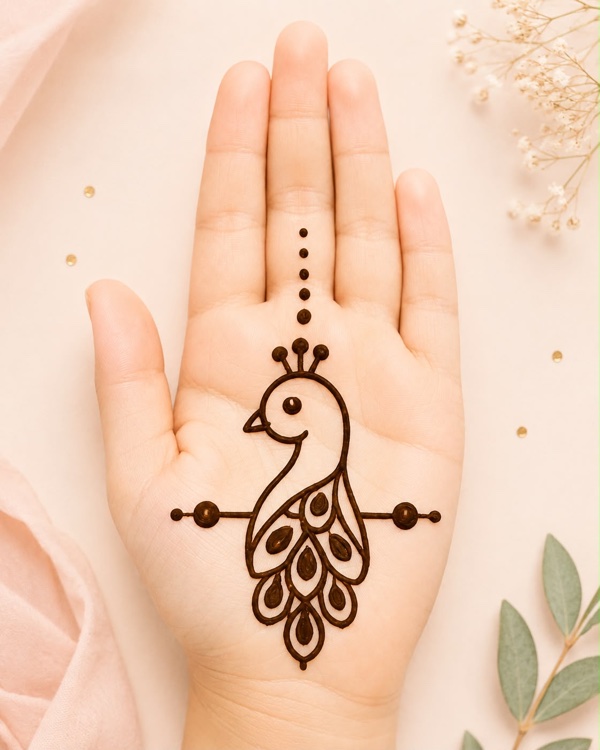 Peacock rakshabandhan special mehndi design with layered feathers, festival mehndi design for kids