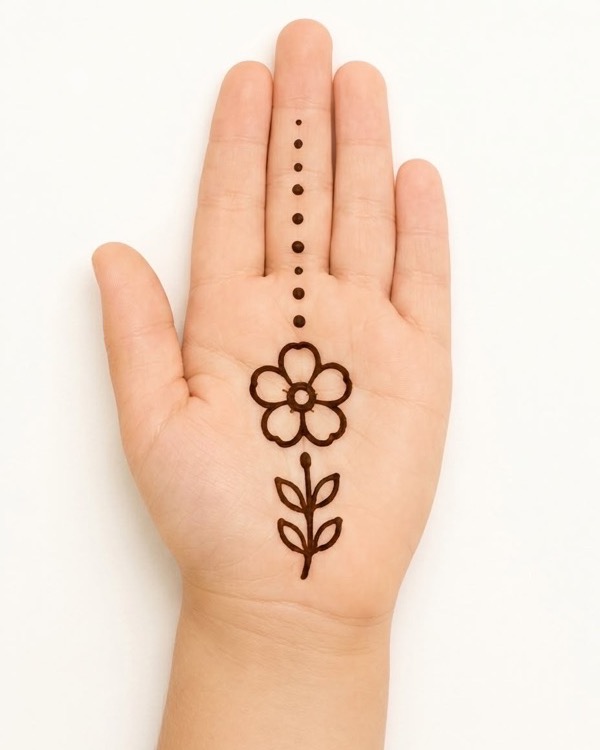 Simple flower finger trail mehndi design for kids palm with dotted trail to fingertip, easy floral henna for beginners