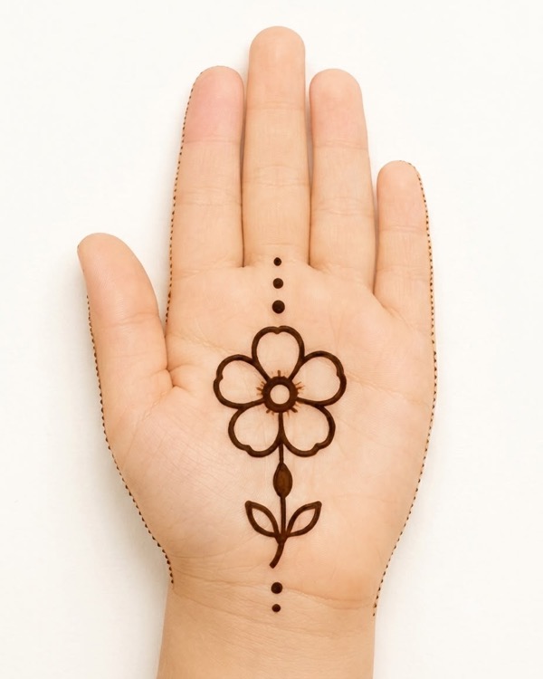 Simple flower stem mehndi design for kids palm with single bloom and leafy stem, minimal floral henna for beginners