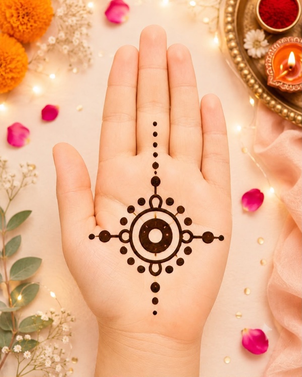 Simple rakhi mehndi design with a heart in the center, easy Raksha Bandhan mehndi for kids