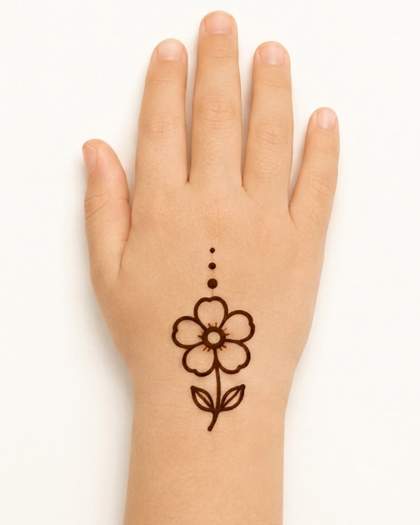Simple single flower mehndi design for kids palm with basic petals and short stem, easiest henna for young children