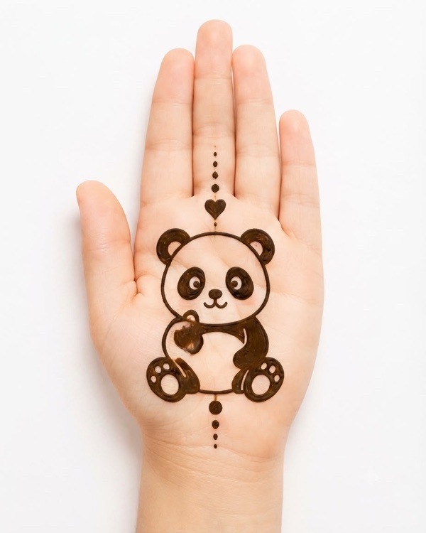 Sitting panda mehndi design for kids palm with panda in sitting pose and bamboo, easy cartoon henna for beginners